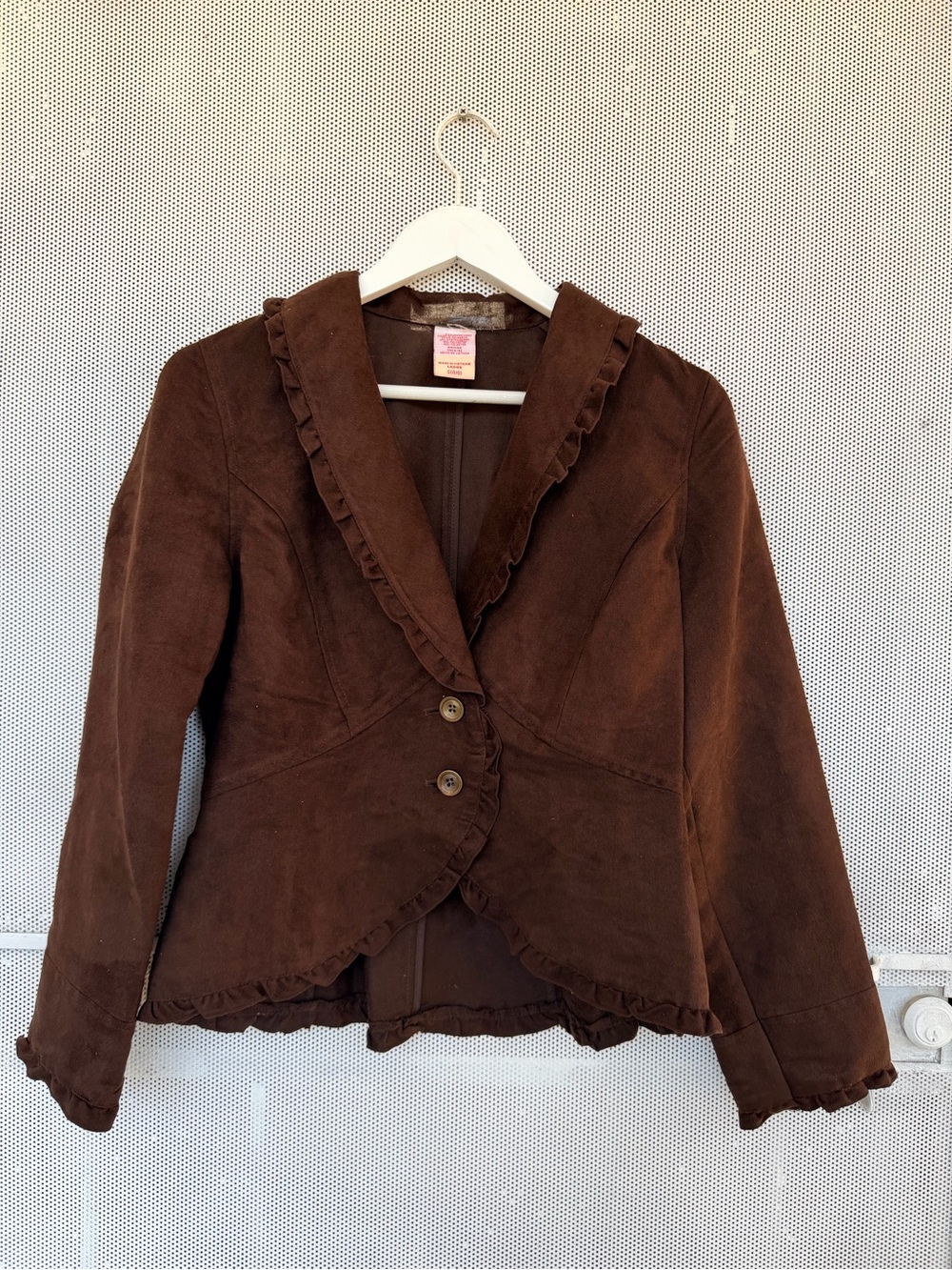 Vintage y2k Vertigo Paris Brown Ruffle-Trim Suede Jacket